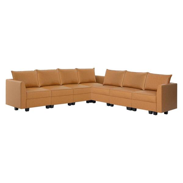 87.01 in. Modern Faux Leather 7 Seater Upholstered Sectional Sofa in. Caramel