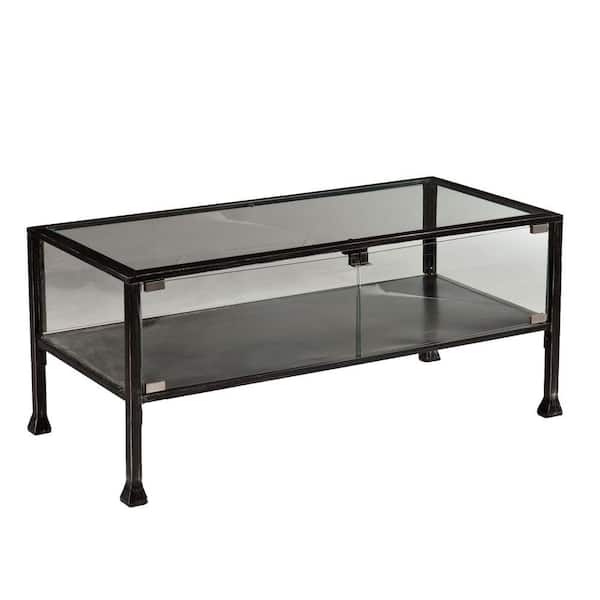 Southern Enterprises 43 in. Black/Clear Large Rectangle Glass Coffee Table with Shelf