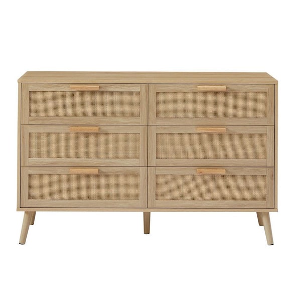47.2 in. W x 15.8 in. D x 30 in. H Natural Wood Chest of Drawers with 6 Rattan Drawers for Living Room and Hallway