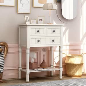 Narrow 24 in. Ivory Standard Rectangle Wood Console Table with 3 Storage Drawers and Bottom Shelf for Living Room
