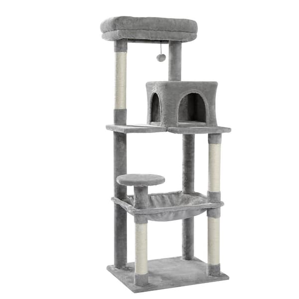 Foobrues 56.30 in. H Pet Cat Scratching Posts and Trees with Cozy Condo and Super Large Hammock in Gray