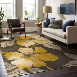 Bahamas Floral Leaf Yellow Brown 3 ft. x 5 ft. Non-Slip Rubber Back Indoor Area Rug