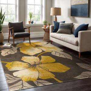 Bahamas Floral Leaf Yellow Brown 6 ft. x 9 ft. Non-Slip Rubber Back Indoor Area Rug