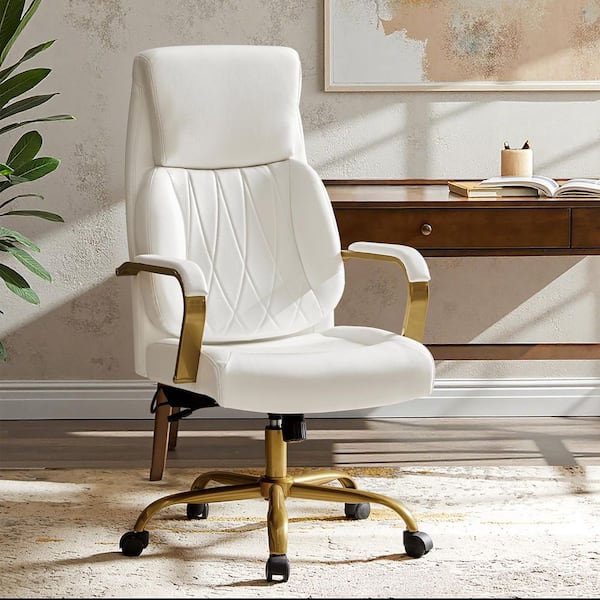 Jill Mid-Century Modern Ivory Vegan Leather Ergonomic Office Chair with Lumbar Support