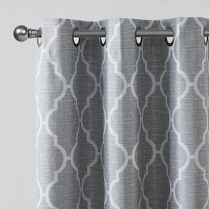 Trellis Gray Polyester 38 in. W x 84 in. L Printed Grommet 100% Blackout Curtain (Single Panel)