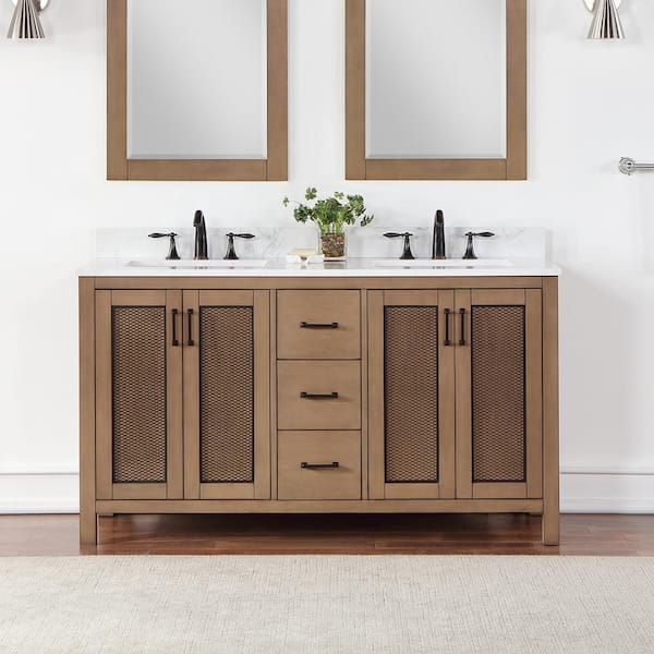 Altair Hadiya 60 in. W x 22 in. D x 34 in. H Bath Vanity in Brown Pine with Carrara White Composite Stone Top