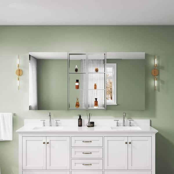 72.1 in. W x 36 in. H Rectangular Recessed/Surface Mount Chrome Aluminum Medicine Cabinet with Mirror, Blum Hinges