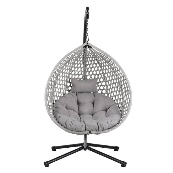 Unbranded Metal Gray Frame Outdoor Porch Swing Hanging Egg Chair with Gray Cushion for Porch Backyard Garden Poolside