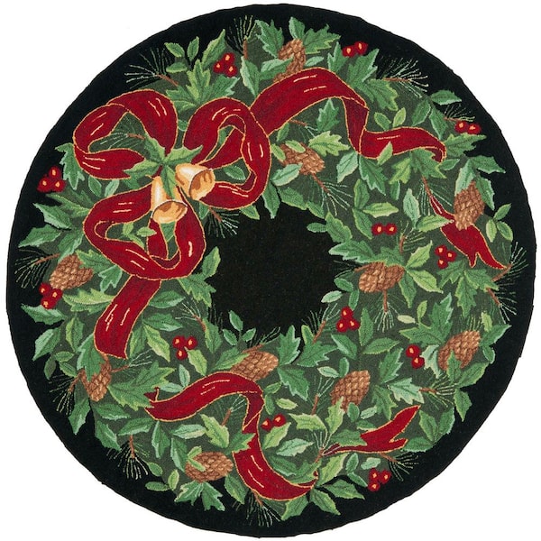 Vintage Posters 2 ft. x 2 ft. Round Black/Green Holiday Wreath Area Rug