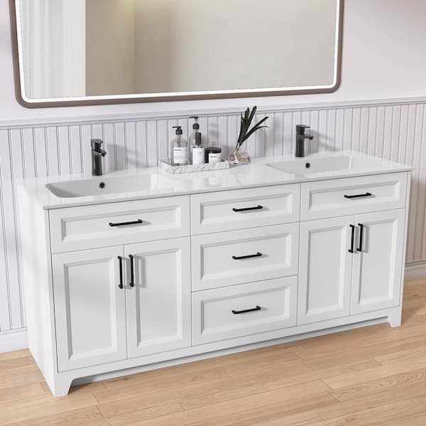 72 in. W x 21.5 in. D x 34.1 in. H Freestanding White Bathroom Vanity Cabinet, Solid Surface Top with Basin Double Bowl