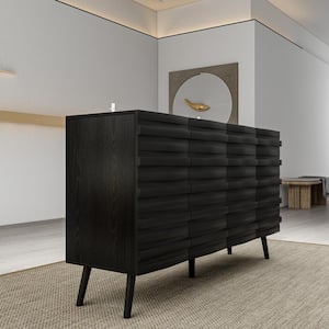 55.1 in. Width Black Rectangle Wooden End Table, Storage Dresser with 4-Shelves and Wavy Alternating Stripes Surface