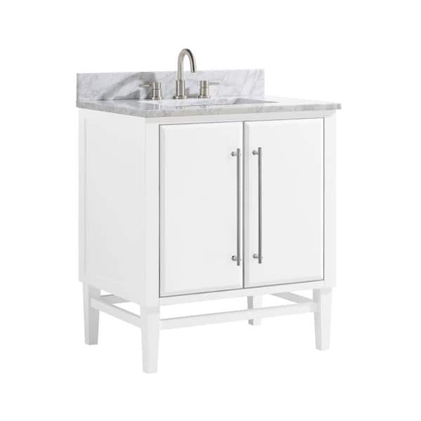 Mason 31 in. Single Sink White with Silver Trim Bath Vanity with Carrara White Marble Top