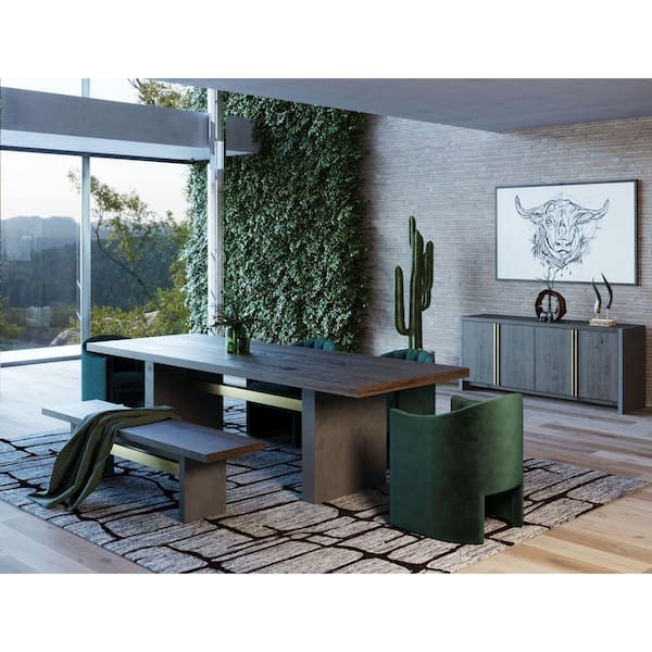 Modrest June Modern Dark Grey and Walnut Wood 39.4 in. Double Pedestal Dining Table Seats 10+