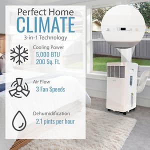 5,000 BTU Portable Air Conditioner Cools 200 Sq. Ft. with Remote, LED Display, Timer and Wheels in White
