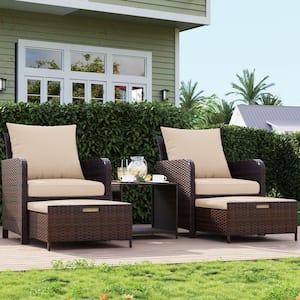 5-Piece Wicker Patio Conversation Set with Beige Cushions