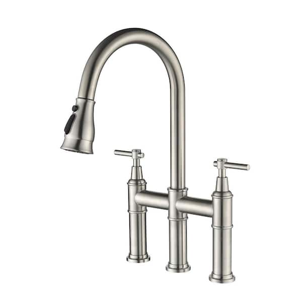 17.52 in. H Double Handle Kitchen Faucet with Pull Down Sprayer and 180° Spout Swivel in Brushed Nickel