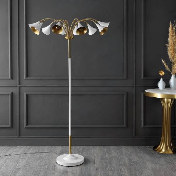 JONATHAN Y Vivian 61 in. Brass Gold White 10 Light Mid Century Modern Iron Medusa Multi Head Standard Tree LED Floor Lamp JYL3096A