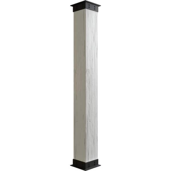 Ekena Millwork 6 in. x 8 ft. Hand Hewn Endurathane Faux Wood Non-Tapered Square Column Wrap w/ Faux Iron Capital & Base