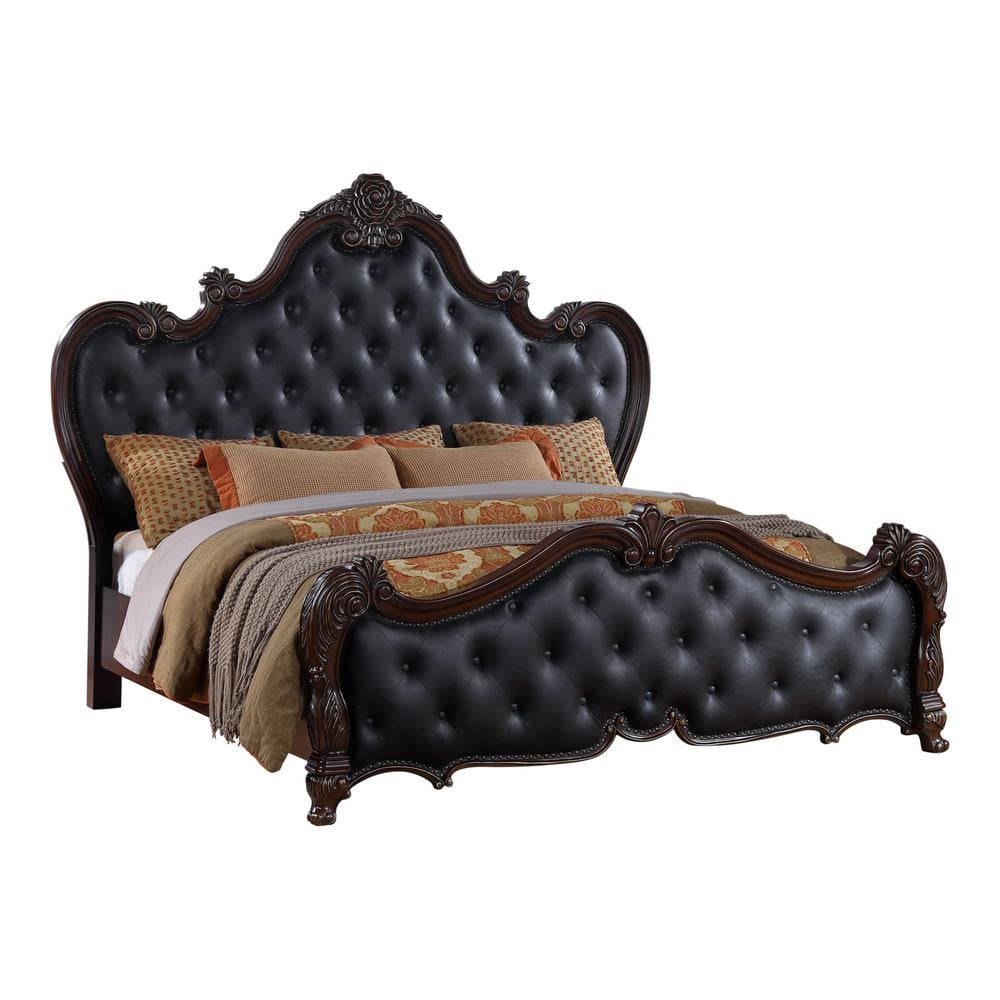 Queen Dark Brown Faux Leather Upholstered Bed with Tufted Headboard