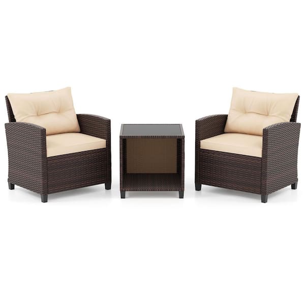 3-Piece Patio Furniture Set PE Rattan Conversation Set with Glass Coffee Table Outdoor