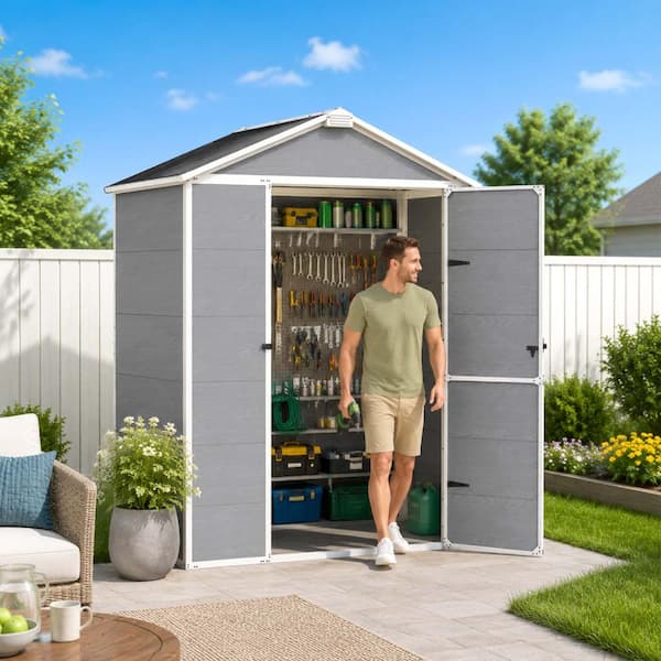 5x3 FT Heavy-duty Metal Storage Shed, Outdoor Resin Tool Shed w/Window, Sloping Roof and Lockable Door for Backyard