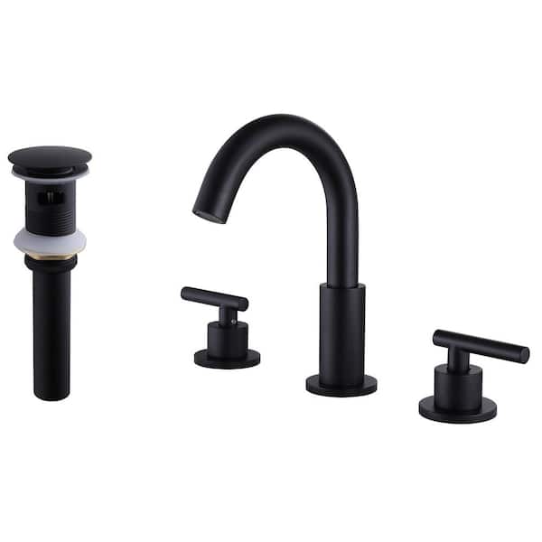 AIMADI 8 in. Widespread Double Handle Bathroom Faucet with Drain Assembly Modern 3 Hole Brass Bathroom Basin Tap in Matte Black