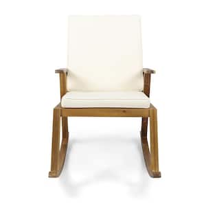 Champlain Teak Brown Wood Outdoor Rocking Chair with Cream Cushion