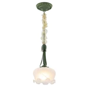 1-Light Green Modern Shaded Pendant Light with White Flower Shape Glass Shade, No Bulbs Included