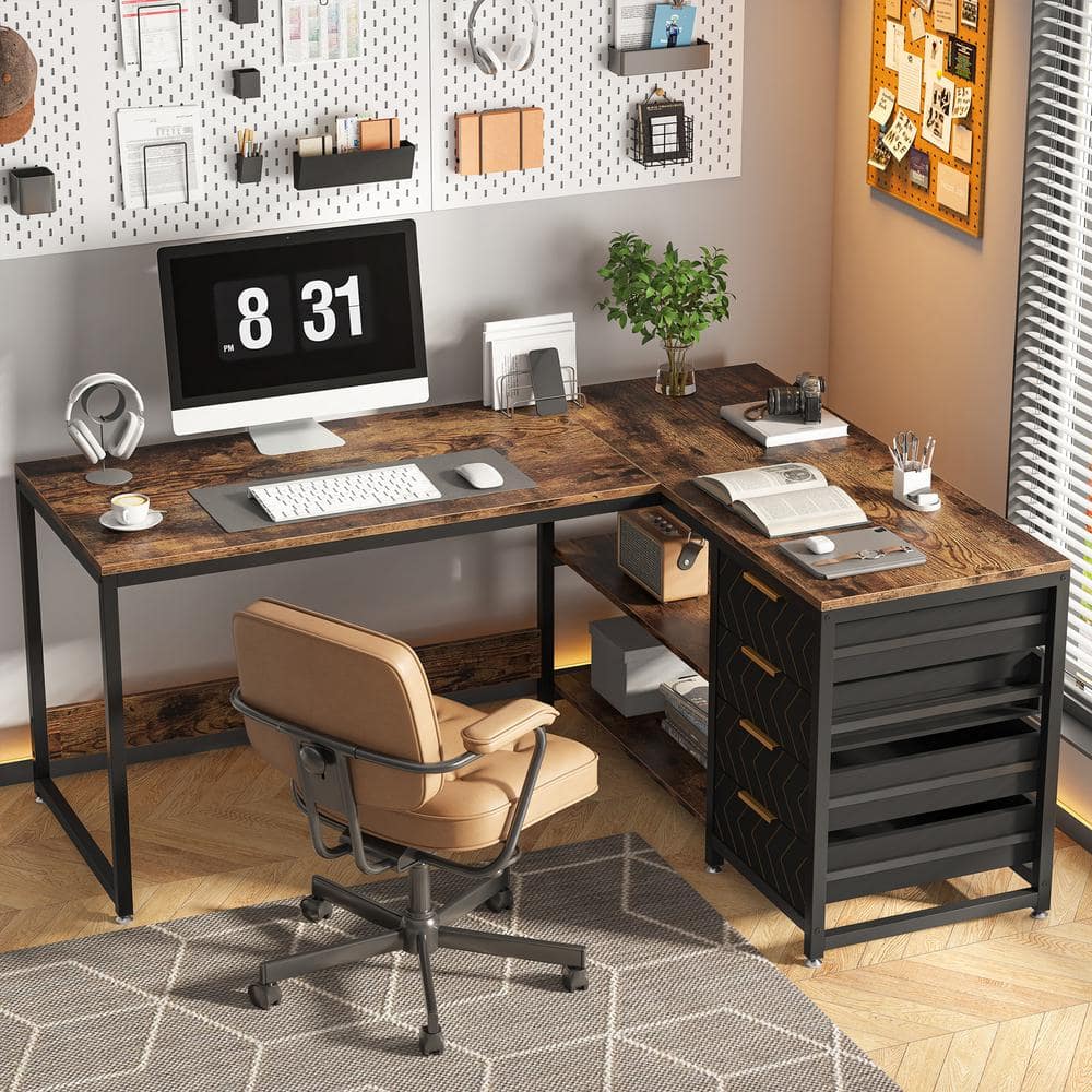 Brown L-Shaped Computer Desk with Drawers and Shelves