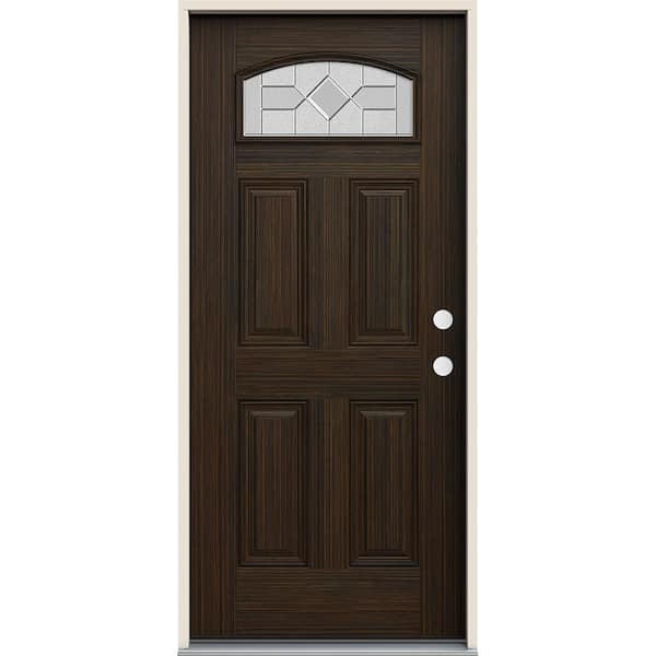 JELD-WEN 36 in. x 80 in. Left-Hand/Inswing Camber Top Caldwell Decorative Glass Black Cherry Fiberglass Prehung Front Door
