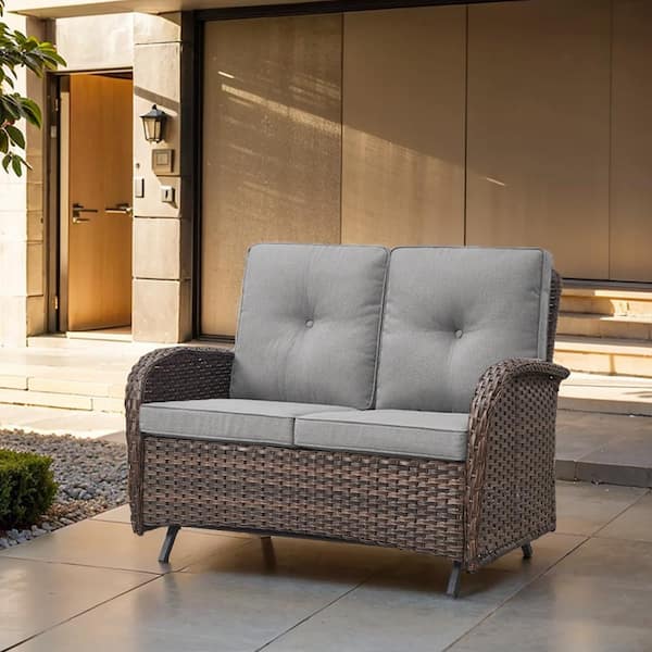 Opohoro PlainCurve 49.6 in Width 2-Person Metal and Brown Wicker Patio Outdoor Glider Loveseat with Olefin Beige Cushion