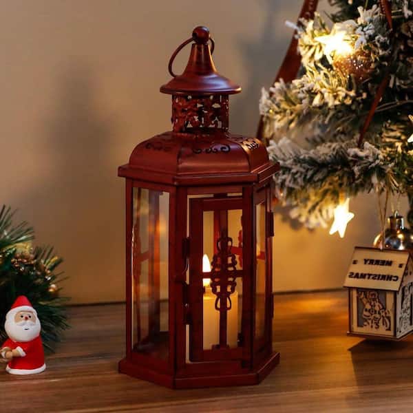 10 in. x 5 in. Red with Black Brush Metal Vintage Lantern without