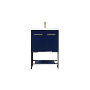 Timeless Home 24 in. W Single Bath Vanity in Blue with Engineered Stone Vanity Top in Ivory with White Basin