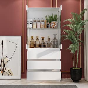 White Wood 31.5 in. W Food Pantry Cabinet Kitchen Bar Wine Cabinet with Tempered Glass Doors, 3 Color Lights, 3 Drawers