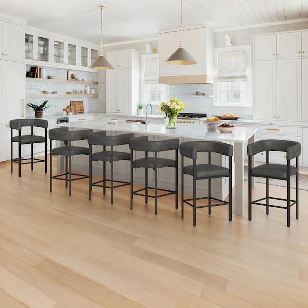 26 in. Black Gray Faux Leather Metal Frame Bar Chair Wraparound Upholstered Counter Height Bar Stools Set of 6