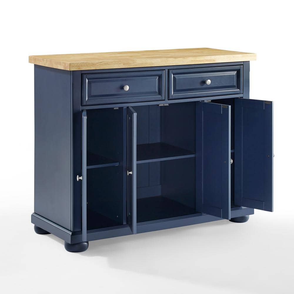 Navy Solid Wood Butcher Block Kitchen Island with Storage