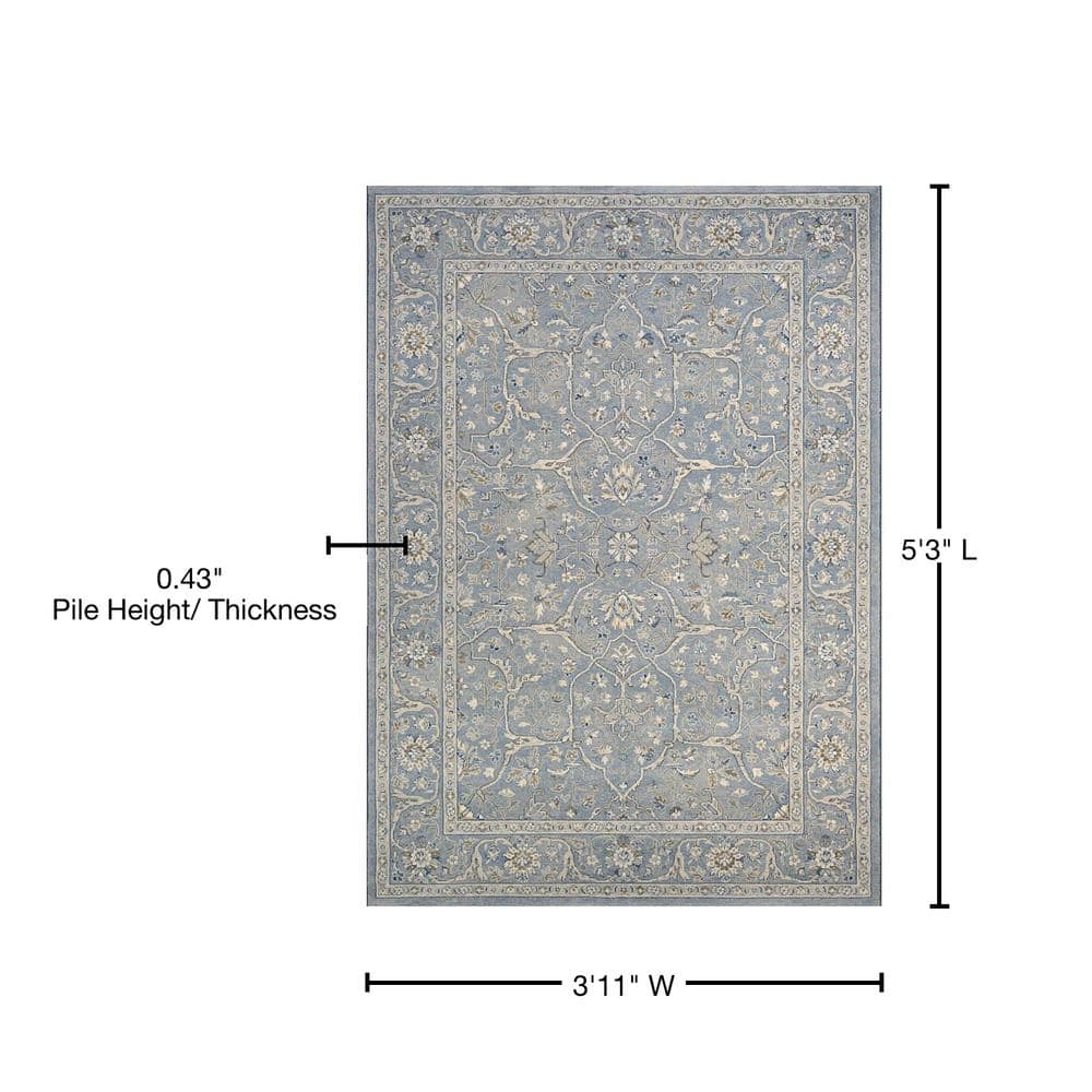 Slate Blue Persian-Inspired Wool and Synthetic Area Rug 3'11" x 5'3"