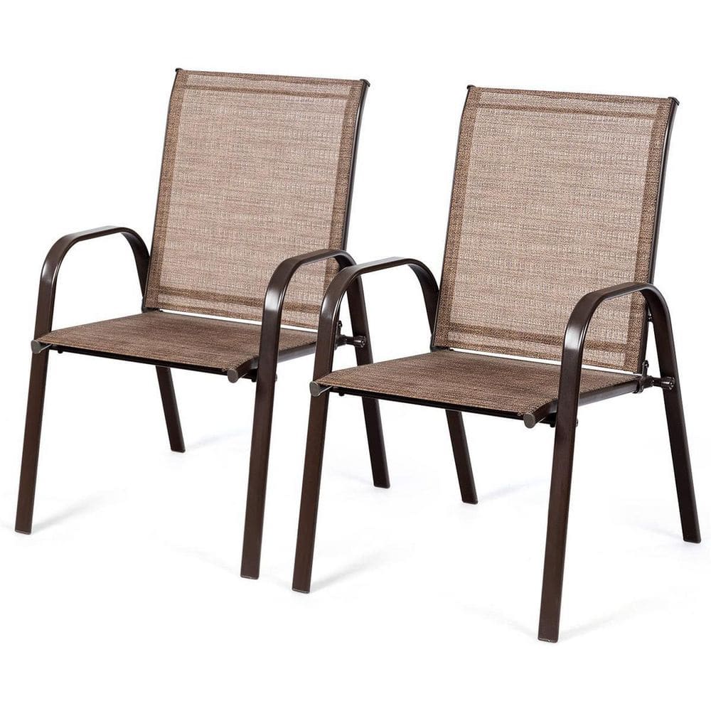 28 in. W x 35 in. D x 22 in. H Steel patio chairs Set of 2 with arms (brown