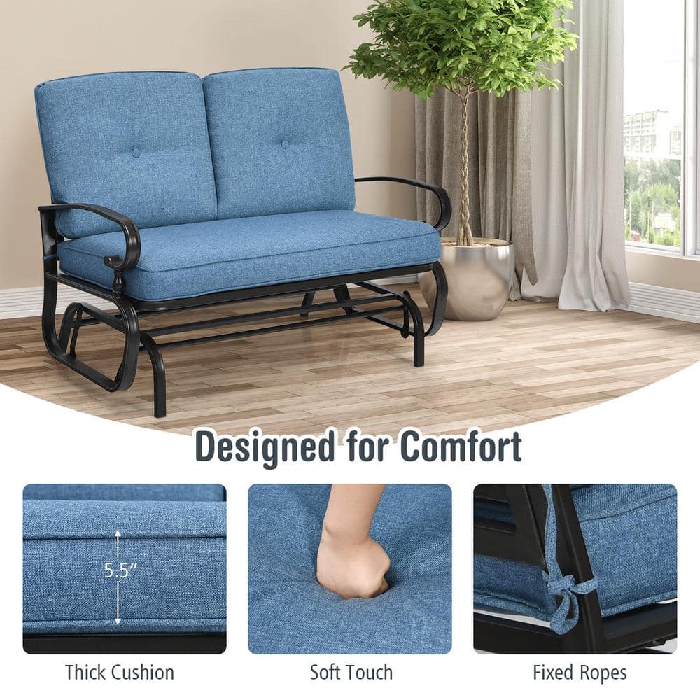 Navy Blue Cushioned Steel Frame 2-Person Outdoor Glider Bench