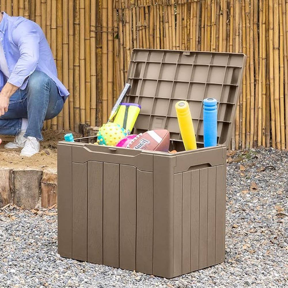 Light Brown Lockable Resin Deck Box with 30 Gallon Capacity