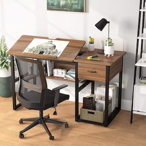 47 in. Retangular Particle Board Brown 1-Drawer Drafting Writing Desk with Shelves and Tiltable Tabletop Drawing Table