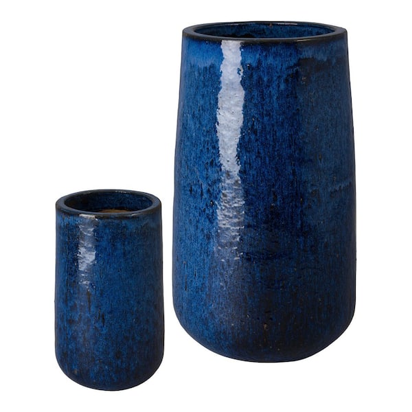 33 in. H Blue Ceramic Round Planters with Drainage Hole (Set of 2)
