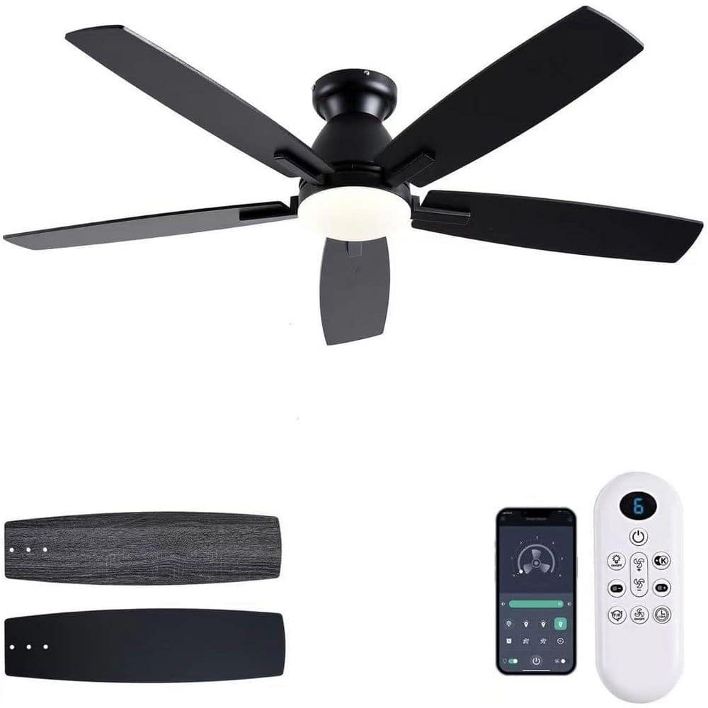 52 in. Black Flush Mount Ceiling Fan with Light and Remote, Dimmable LED, DC Reversible Motor for Indoor/Outdoor Use price history on PriceWatchPro