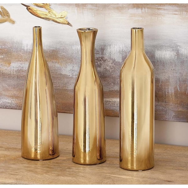 Litton Lane 12 in. Modern Yellow and Gold Ceramic Decorative Vases (Set of 3)