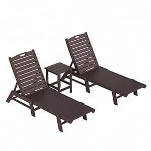 Laguna Dark Brown 3PC All Weather Fade Proof HDPE Plastic Outdoor Patio Reclining Chaise Lounge Chairs with Table Set