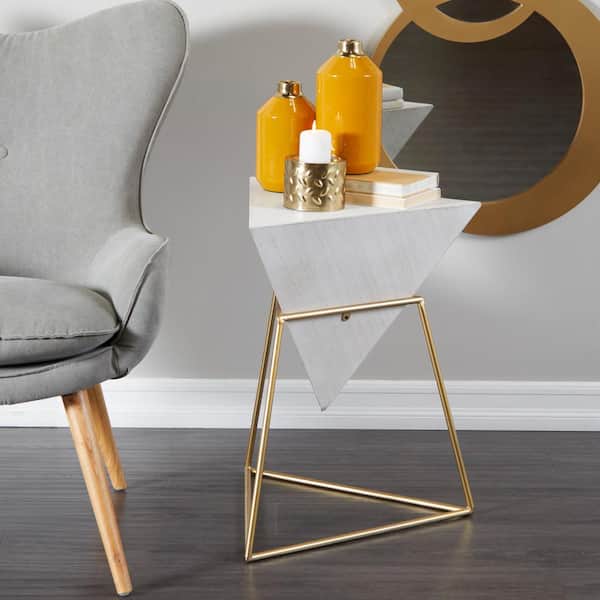 Litton Lane 17 in. White Inverted Pyramid Geometric Large Triangle Wood End Table with Gold Metal Stand