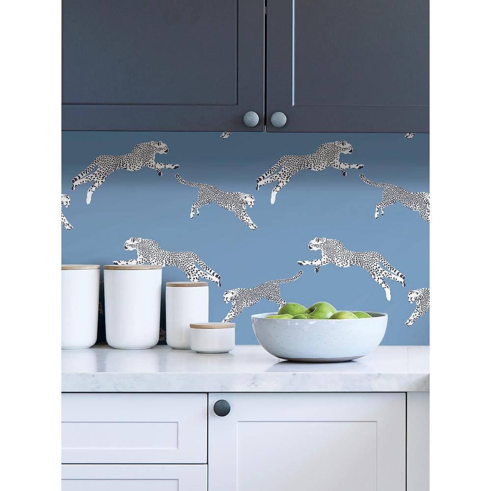 Sky Blue Vinyl Peel and Stick Wallpaper with Leaping Cheetah Design