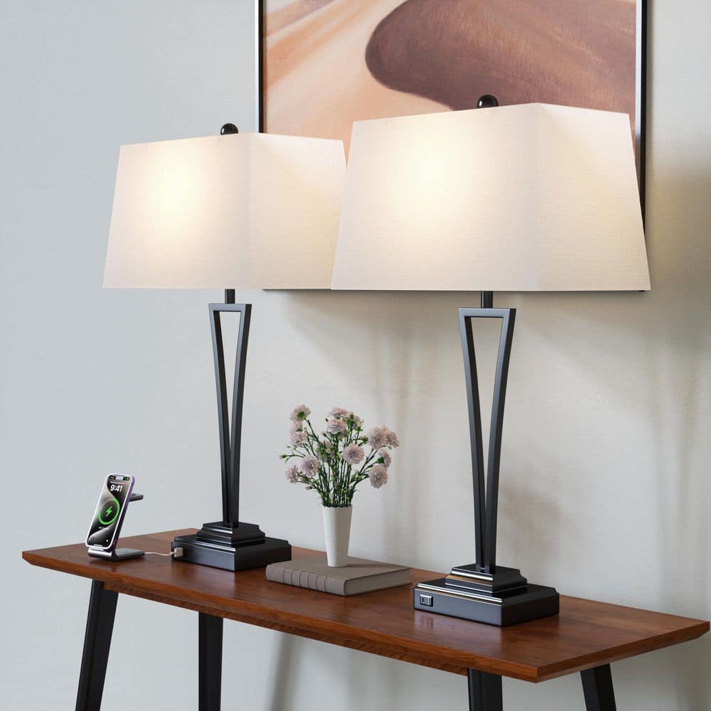 30.5 in. Black Modern Metal Bedroom Living Room Bedside Desk Nightstand Tall Table Lamps USB Port Set of 2 price history on PriceWatchPro