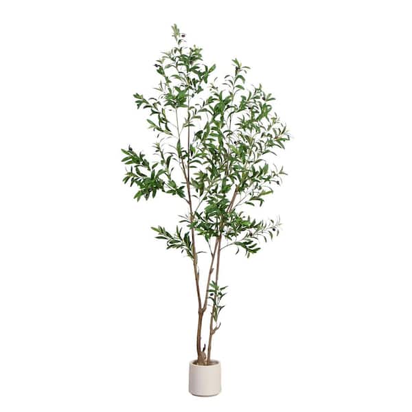 Nearly Natural 7 ft. Artificial Minimalist Olive Tree in White Decorative Planter