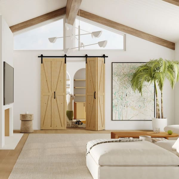 84 in. x 84 in. K Shape Primed Pine Wood Bi-Fold Style Sliding Barn Door Slab with Hardware Kit, Pantry Door